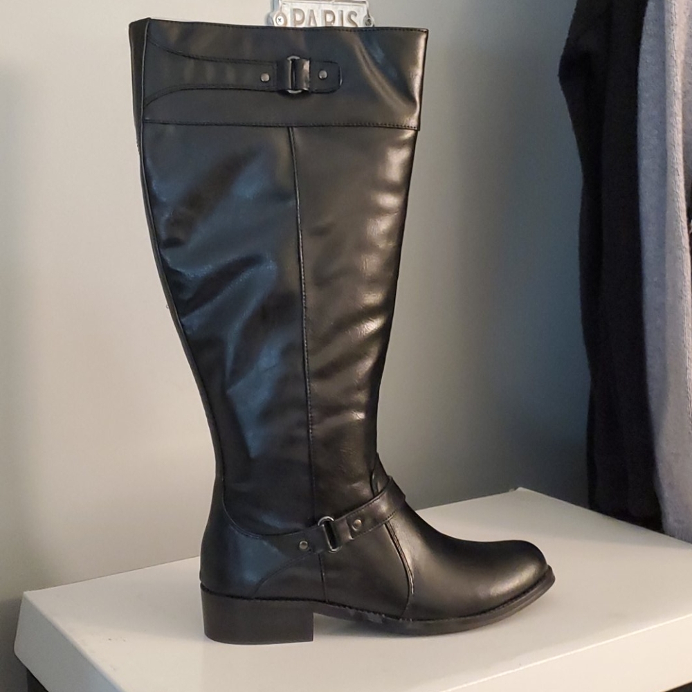 Wide calf faux  leather  riding boots-black